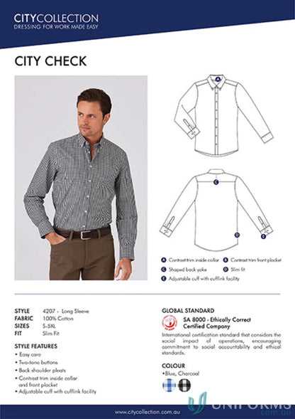 Mens City Check LS Shirt with natural stretch, perfect for workwear or uniforms