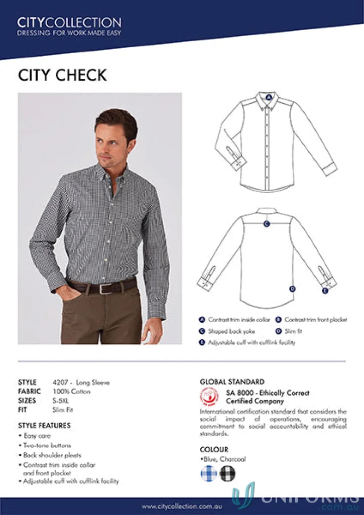 Mens City Check LS Shirt with natural stretch, perfect for workwear or uniforms