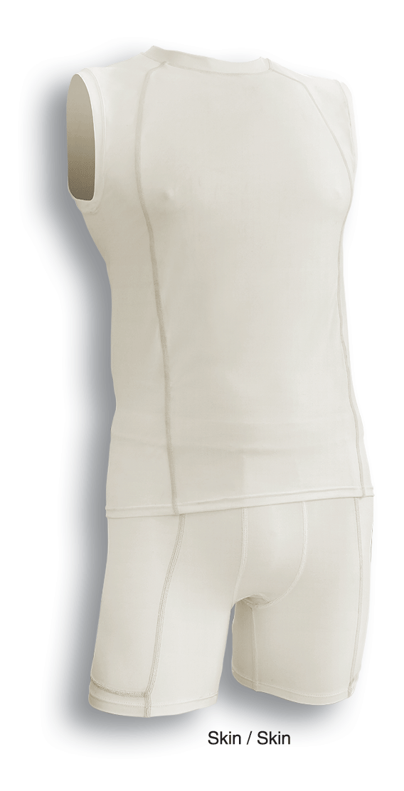 Cream-colored mens cropped bike shorts set, stretchy form-fitting top and shorts