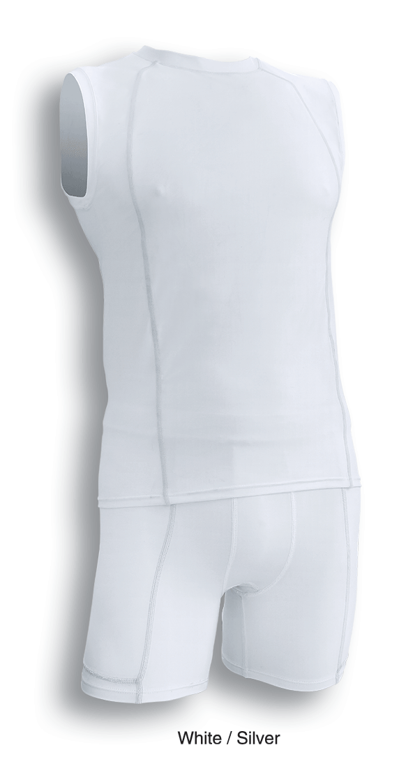 Mens white sleeveless cropped bike shorts with silver trim
