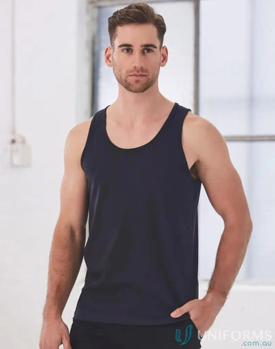 Navy blue tank top from Mens Cotton Singlet with premium cotton singlet and cotton jersey feel