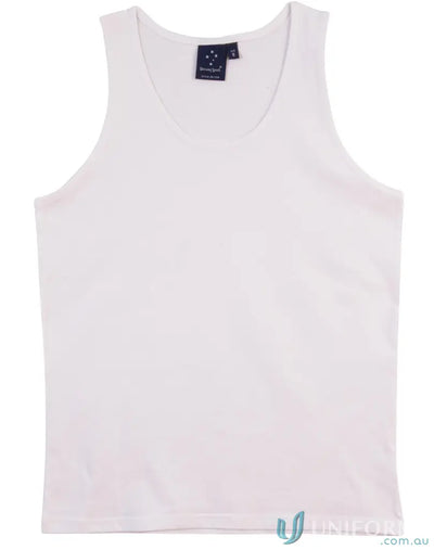 Mens Cotton Singlet showing a white cotton jersey tank top for a winning spirit mens vibe
