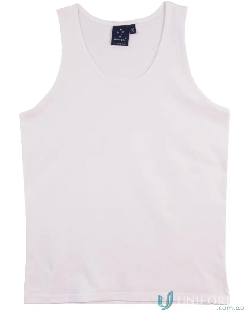 Mens Cotton Singlet showing a white cotton jersey tank top for a winning spirit mens vibe