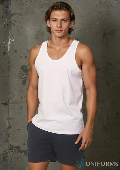 Man in white cotton jersey premium cotton singlet, perfect for winning spirit mens style