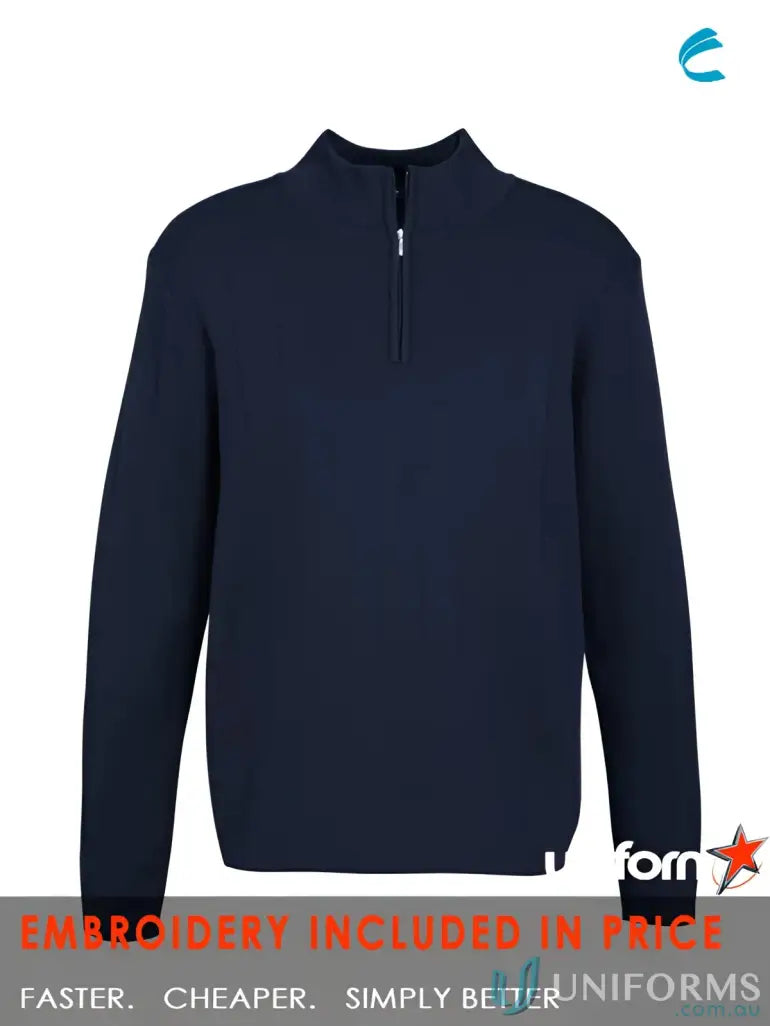 Dark blue men’s quarter-zip sweater perfect for work uniforms or workwear