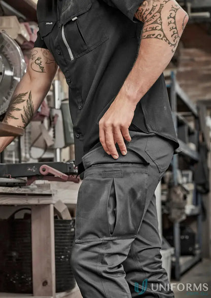 Dark gray men’s essential basic stretch cargo pants with multiple pockets and tribal tattoos