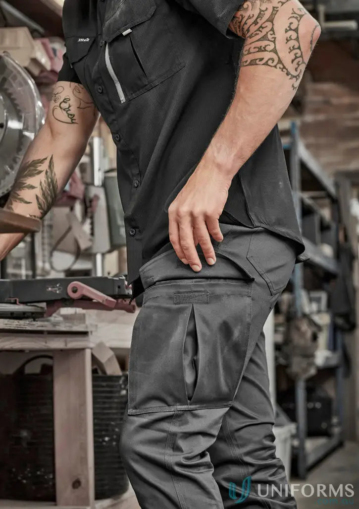 Dark gray men’s essential basic stretch cargo pants with multiple pockets and tribal tattoos