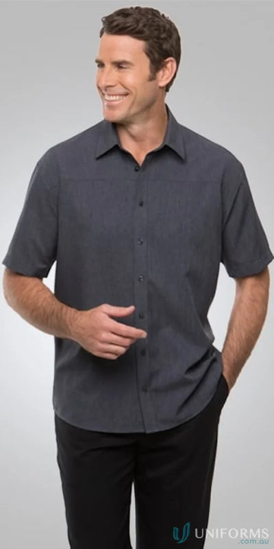 Smiling man modeling Mens Ezylin short sleeve shirt in dark gray, perfect for sports uniforms