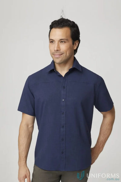 Smiling man wearing Mens Ezylin Short Sleeve Shirt navy blue short sleeve shirt