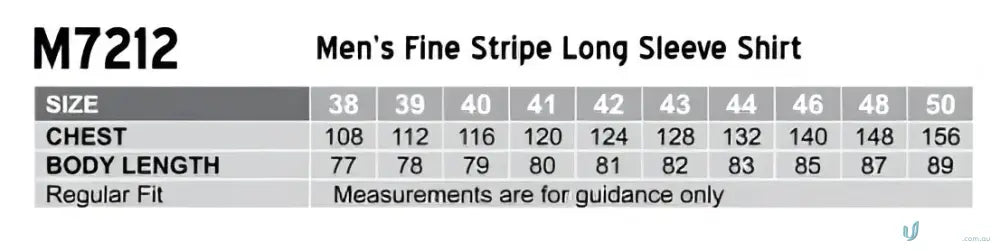 Sizing chart for Mens Fine Stripe LS Shirt with stripe long sleeve options M7212 men’s fine