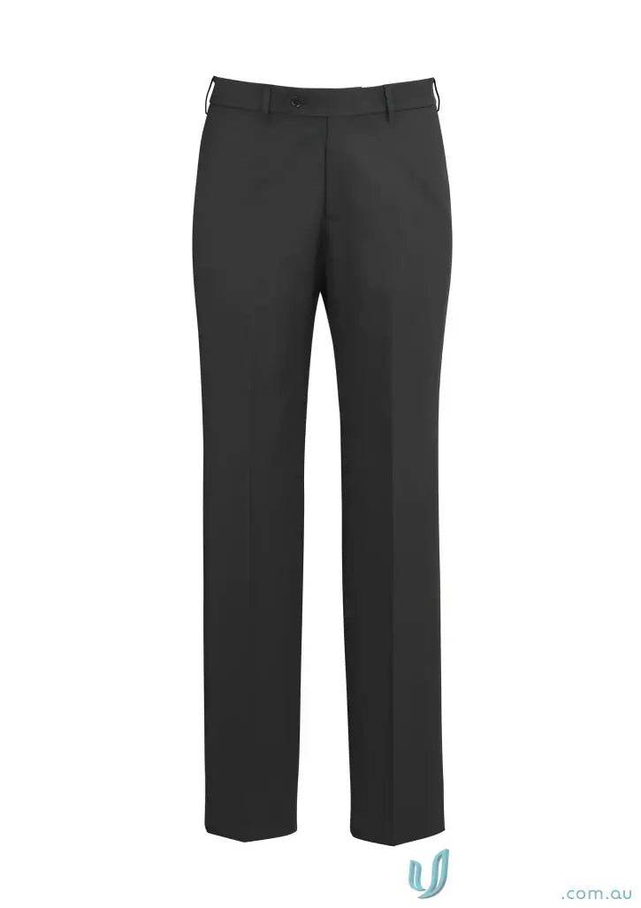 Black dress pants for men with a flat front fit, perfect for uniforms and easy measurements