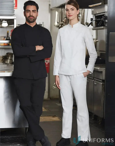 Two chefs in professional chef pants showing off winning spirit mens mens functional chef gear