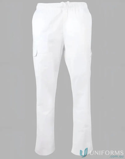 White drawstring cargo pants for mens functional chef pants with a winning spirit mens vibe