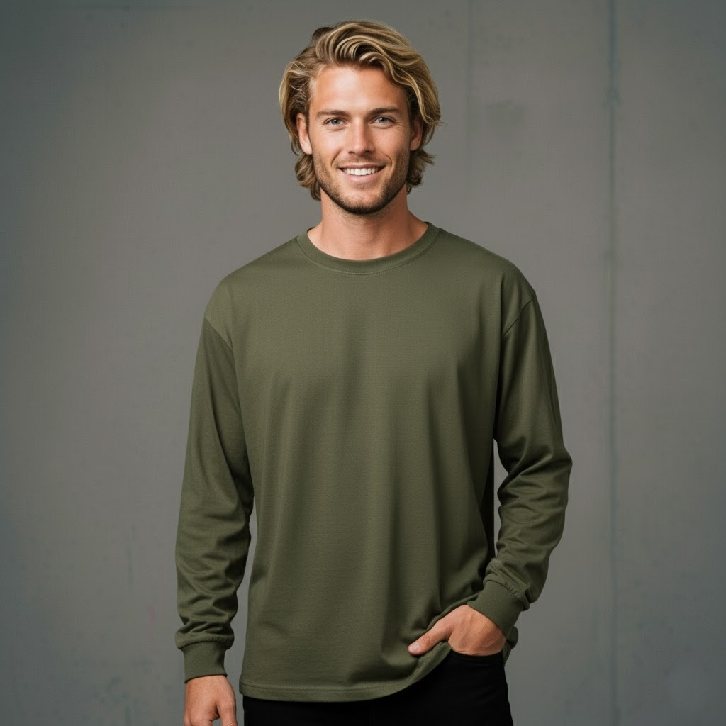 Olive green cotton long sleeve tee with ribbed cuffs for men