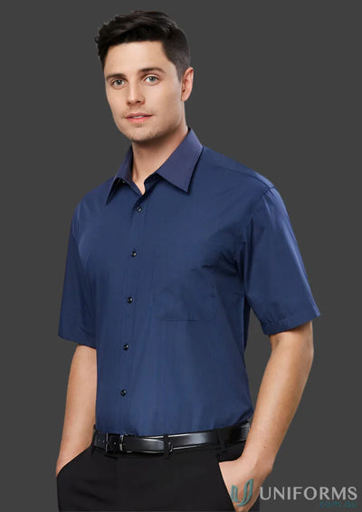 Mens micro check short sleeve shirt in blue, perfect for casual style