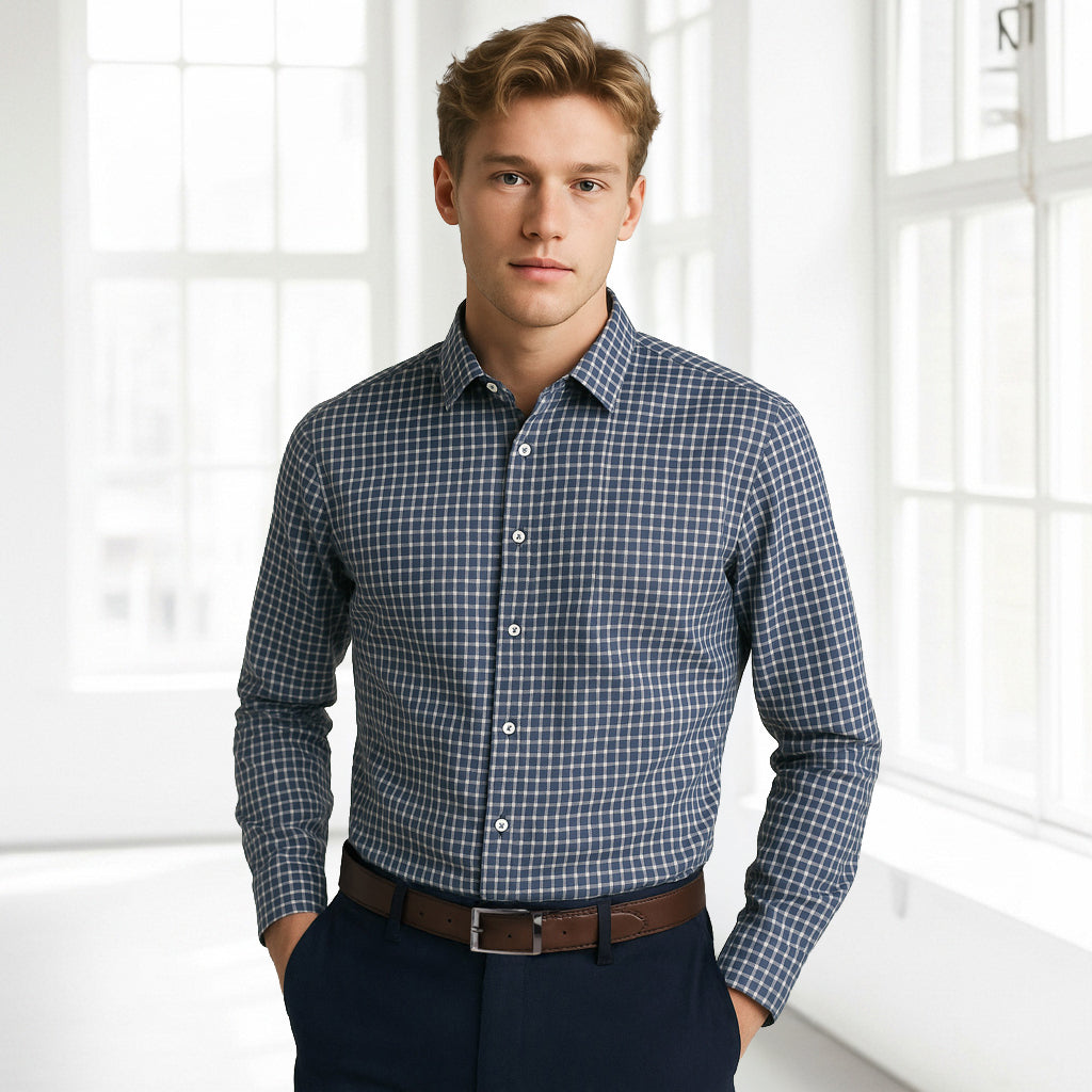 Mens Noah LS Shirt navy checkered long sleeve for all-day comfort