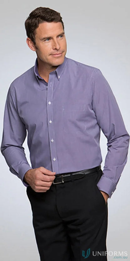 Man in Mens Pippa LS Check purple shirt with collar, stylish workwear look