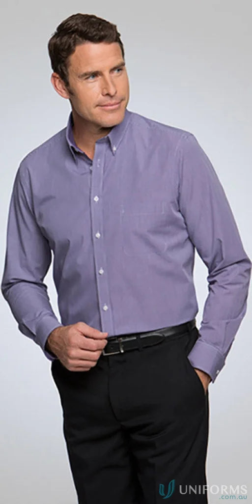 Man in Mens Pippa LS Check purple shirt with collar, stylish workwear look