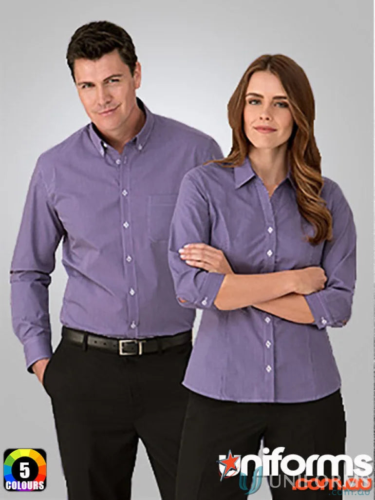 Matching purple Pippa LS Check shirts with stylish collars for work for men and women