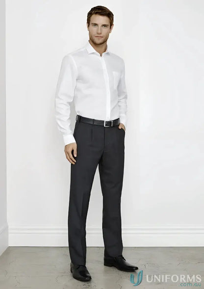 Mens Pleat Front Pant showing a man in white shirt and dark trousers with a perfect fit and stretch