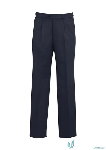 Navy blue pleated trousers with stretchy fit, perfect for uniforms and everyday wear