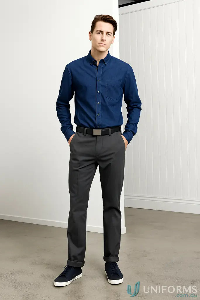 Man in a button-down shirt and trousers wearing a mens PU belt for uniforms or workwear