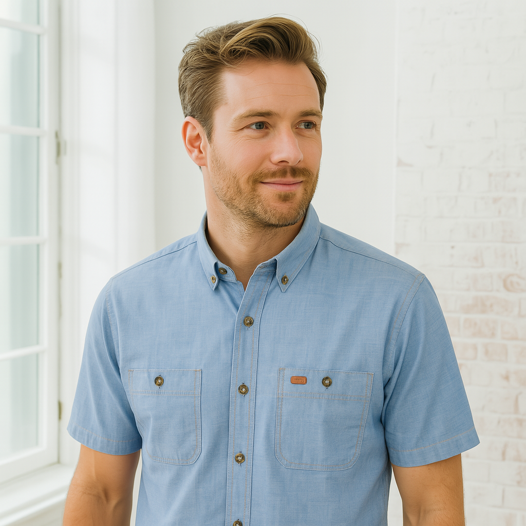 Men’s Short Sleeve Industrial Chambray Shirt - Blue / S - SHIRTS