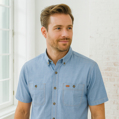 Men’s Short Sleeve Industrial Chambray Shirt - Blue / S - SHIRTS