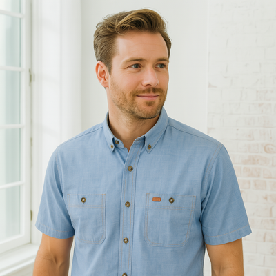 Light blue short sleeve industrial chambray shirt with chest pockets