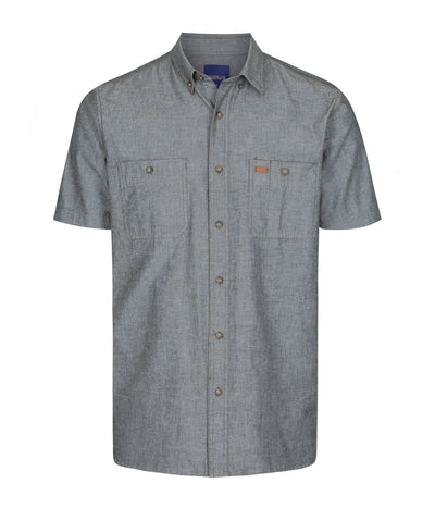 Gray heathered short sleeve industrial chambray shirt with chest pockets
