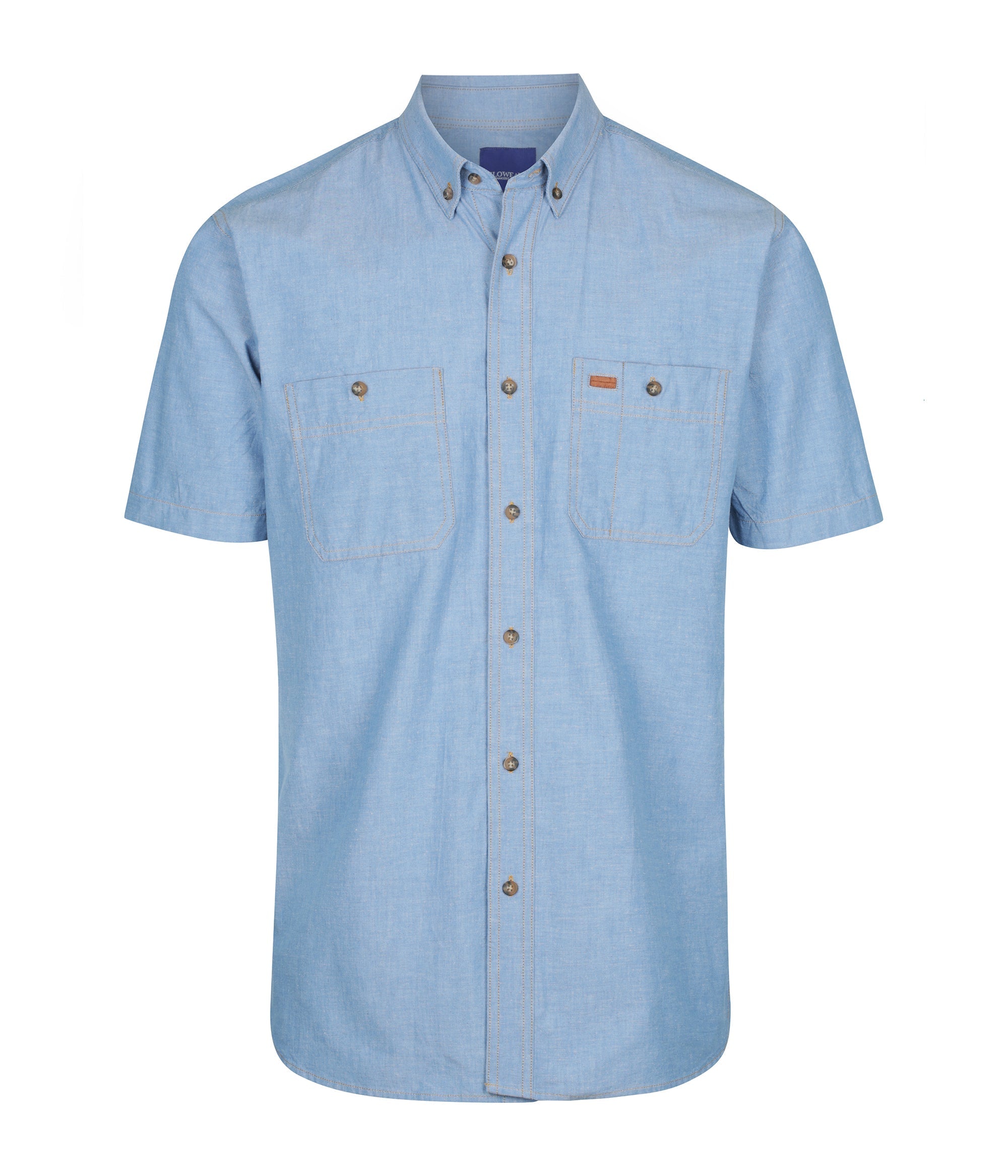 Light blue short sleeve industrial chambray shirt with chest pockets