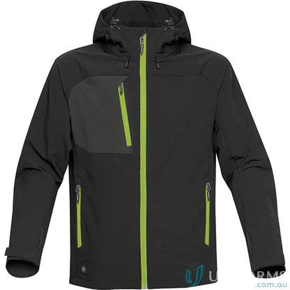 Mens Sidewinder Shell black technical jacket with lime green zippers and chest pocket