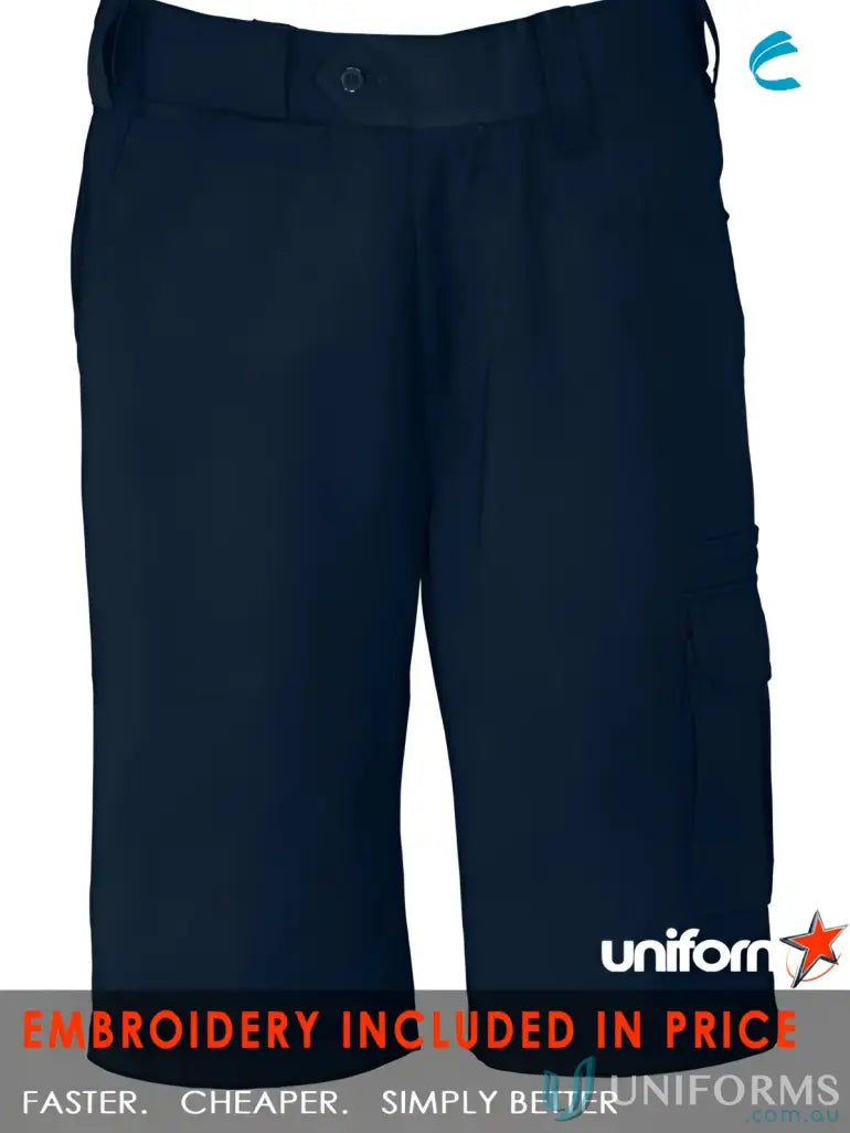 Navy blue cargo shorts with belt loops and pockets, perfect for work or casual pants
