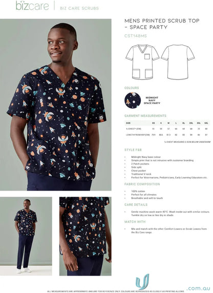 Men’s Space Party Scrub Top with printed space design for early learning educators