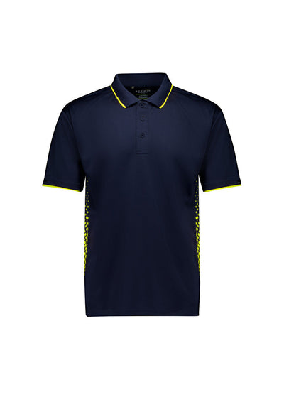 Mens Spark SS Polo in navy blue with neon yellow trim and dotted pattern