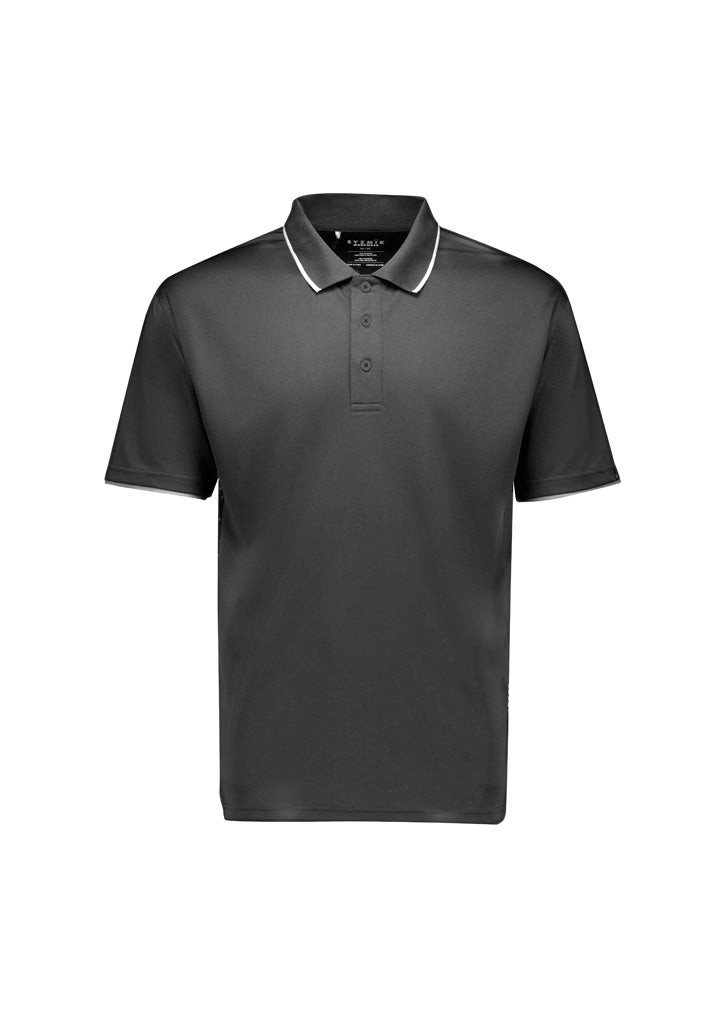 Mens Spark SS Polo black shirt with white trim, breathable fabric