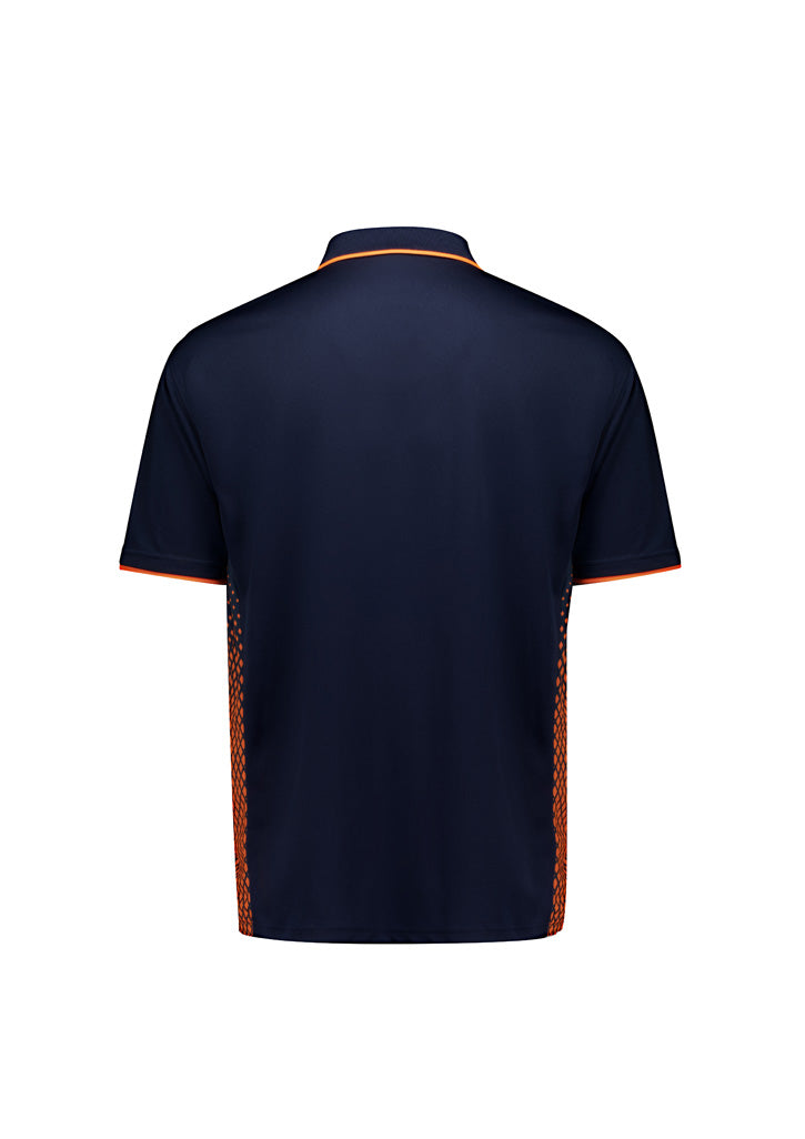 Mens Spark SS Polo in dark navy with orange trim and breathable mesh