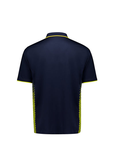 Mens Spark SS Polo dark navy with yellow trim, breathable mesh fabric