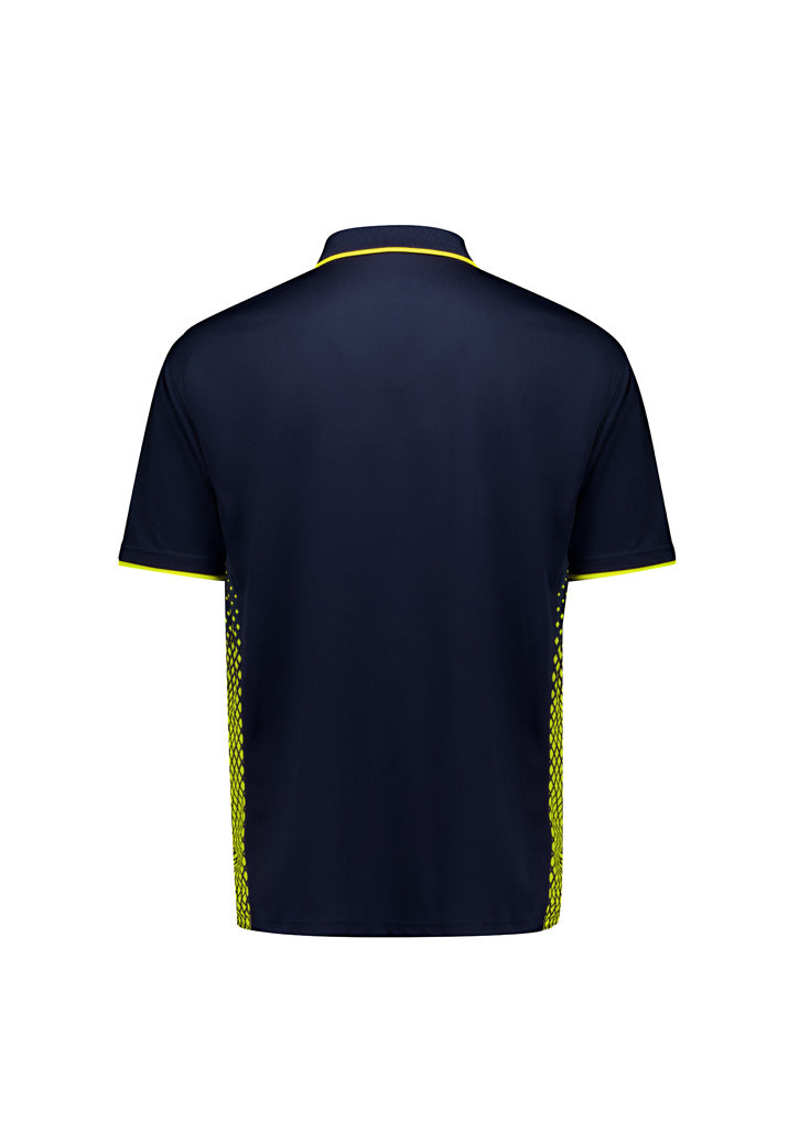 Mens Spark SS Polo dark navy with yellow trim, breathable mesh fabric