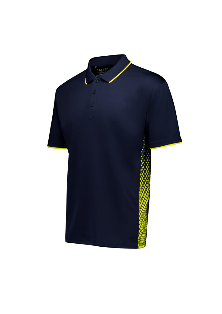 Mens Spark SS Polo in navy blue with yellow trim and breathable mesh side