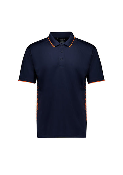 Mens Spark SS Polo in navy blue with orange trim and breathable fabric
