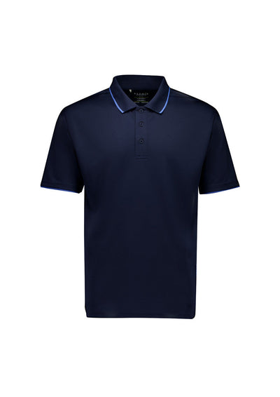 Mens Spark SS Polo in navy blue with light blue trim, breathable fabric