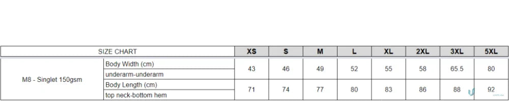 Apparel size chart for Mens Traditional Singlet, shows how to measure length and size