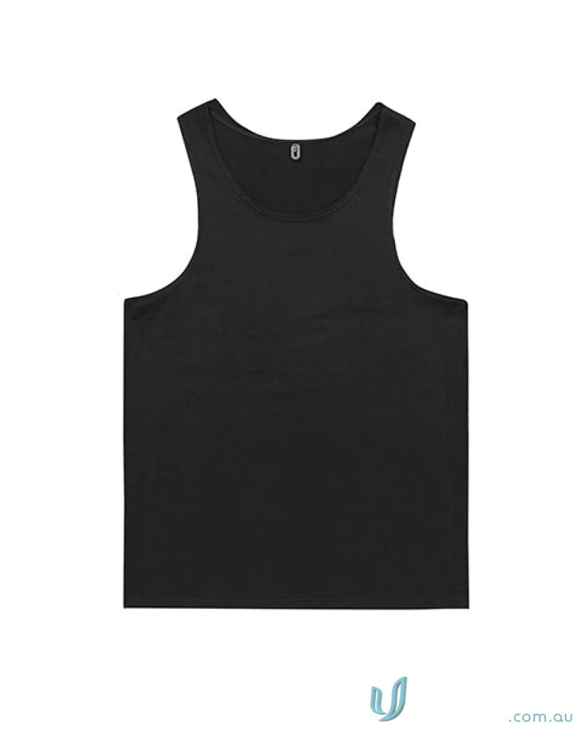 Black tank top singlet for men with adjustable length and measurement info shown