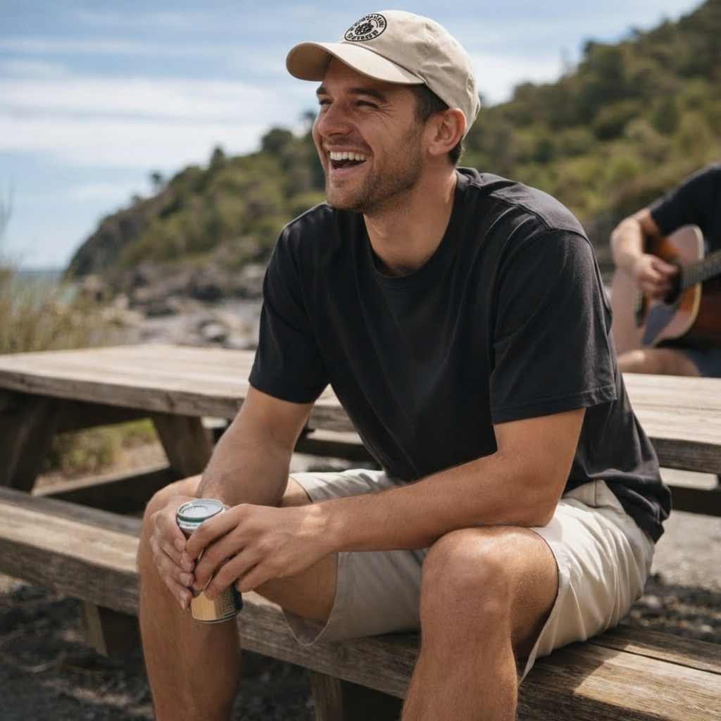 Man sitting outdoors, holding a can, with a scenic background