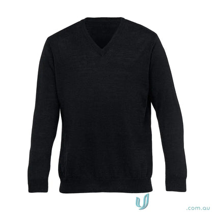 Plain black men’s v-neck long-sleeved sweater made of Australian Merino wool