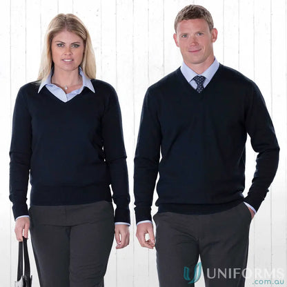 Two people wearing dark blue Merino Detailed Vee sweaters made from Australian Merino Wool