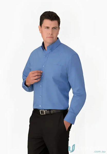 Man wearing Micro Check LS long-sleeved blue shirt and black pants for classic style