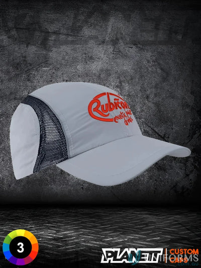 Gray cap with orange logo from Micro Fibre Mesh Sports Cap, great for uniforms or workwear FAQs link included