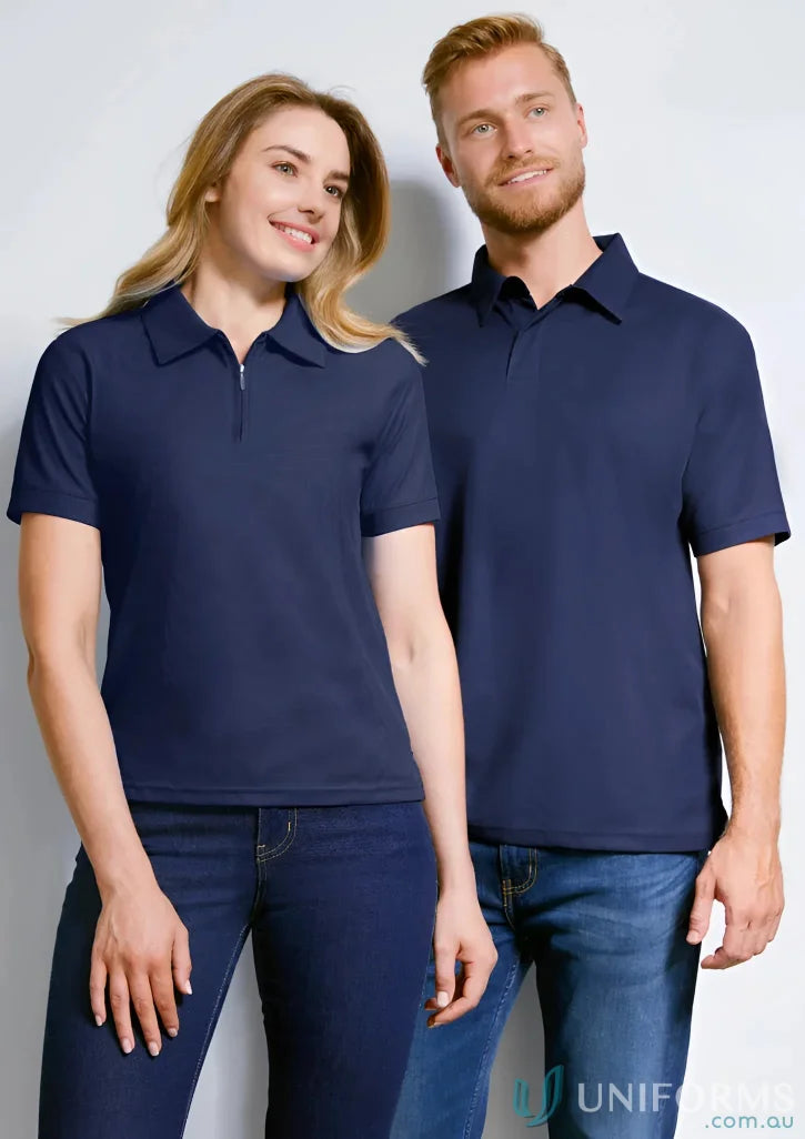 Two people wearing navy Micro Waffle Polo shirts from Biz Collection P3300 men’s collection